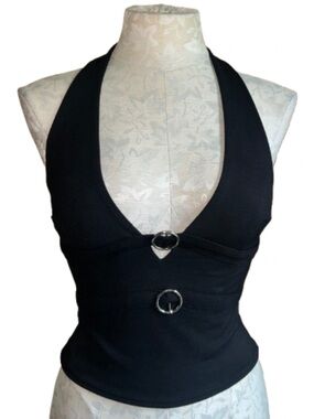 Forever 21 Plunging O-Ring Halter Top Black Small Like New